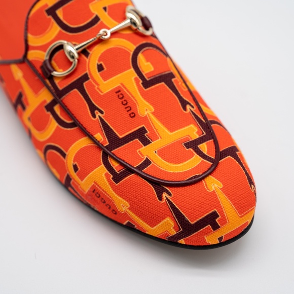 size 38.5G 8.5 US Gucci Princetown Horsebit Print Orange Mules Slip On - Picture 7 of 11